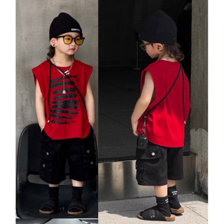  Bộ quần áo ba lỗ bé trai chất cotton kẻ ngang phôi màu đỏ đen hot trend Set đồ bộ cho bé trai ---MÃ BA LỖ ĐỎ SỌC ĐEN 