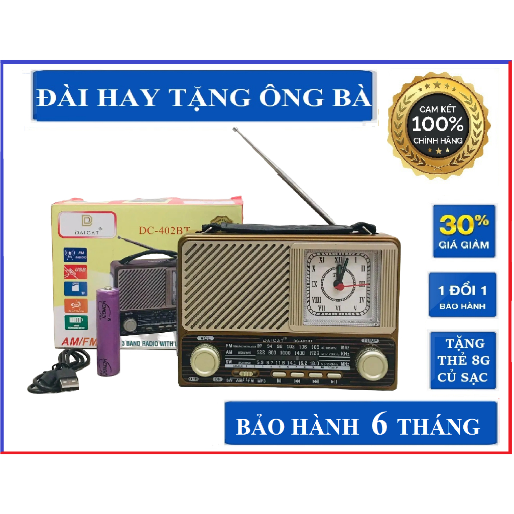 Máy nghe nhạc kiêm Đài Radio DAICAT DC-402BT Bảo Hành 6 Tháng nghe tần số FM,AM,SW Có đồng hồ, dây sạc và pin sạc 18650