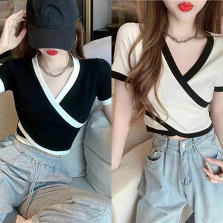 Áo thun chéo vạt phối viền 🎈🎈🎈111c Áo croptop cổ tim viền chéo tay ngắn