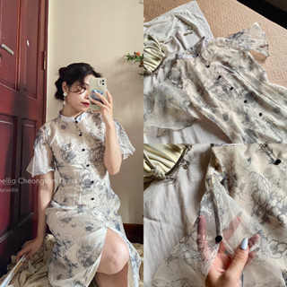 Đầm sườn xám cách tân Bạch Trà tơ organza hai lớp mặc cổ trang, lễ, Tết