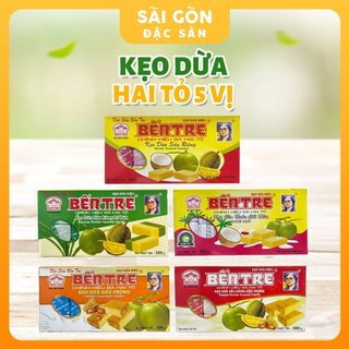 Kẹo dừa bến tre bà hai tỏ 5 vị nguyên chất, sầu riêng, đậu phộng, sầu riêng đậu phộng và sầu riêng lá dứa hộp 300 gam