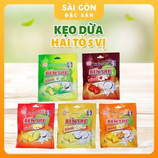 Kẹo Dừa Bến Tre Bà Hai Tỏ 5 Vị Nguyên Chất, Sầu Riêng, Ca Cao, Gừng và Lá Dứa Sầu Riêng Gói 150 Gam