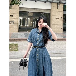 váy jean dáng maxi túi ngực kèm đai