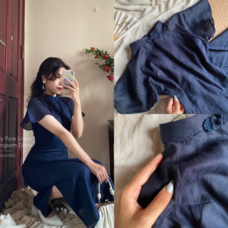Đầm sườn xám linen tưng xanh đen navy tôn dáng xẻ tà