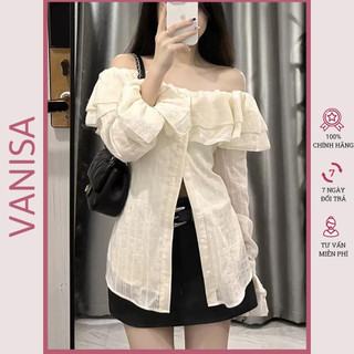  Áo trễ vai tay dài bẹt kiểu ôm bồng xẻ tà chất voan xốp trắng xinh VANISA CT047 