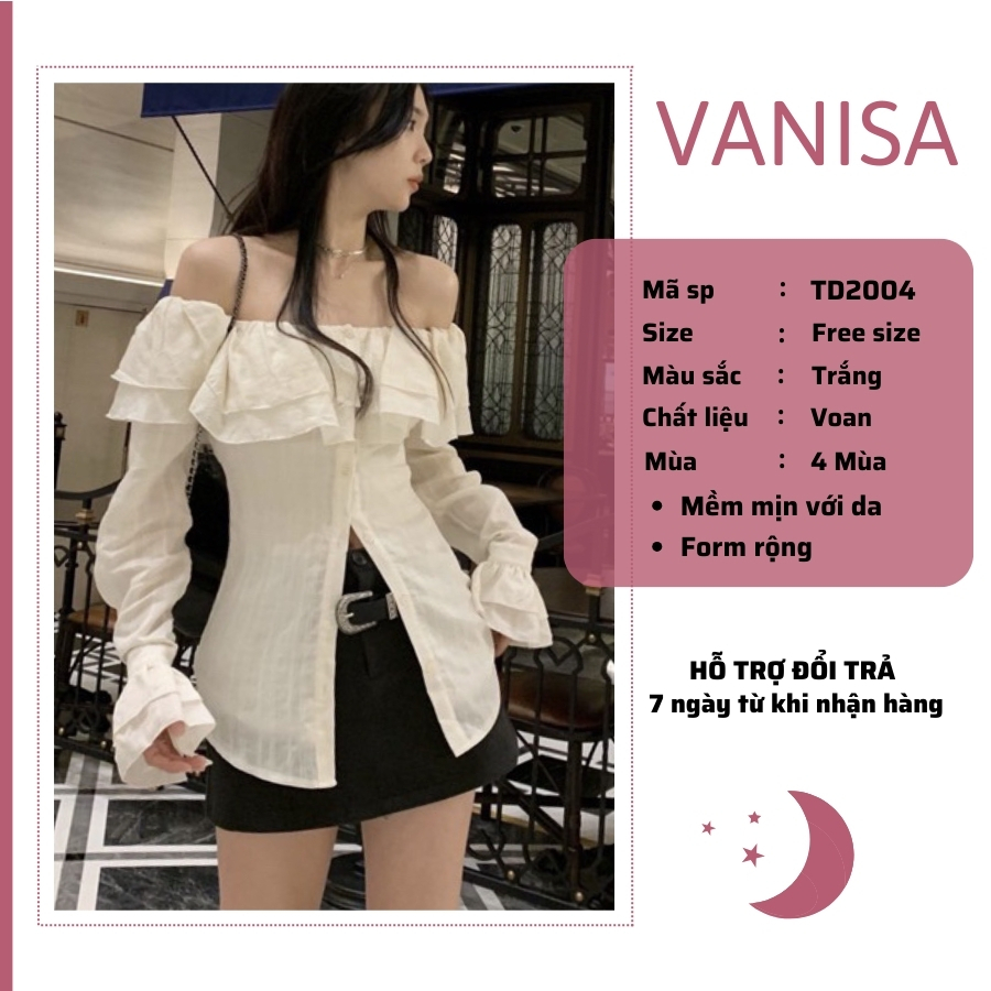 Áo trễ vai tay dài bẹt kiểu ôm bồng xẻ tà chất voan xốp trắng xinh VANISA CT047 | BigBuy360 - bigbuy360.vn
