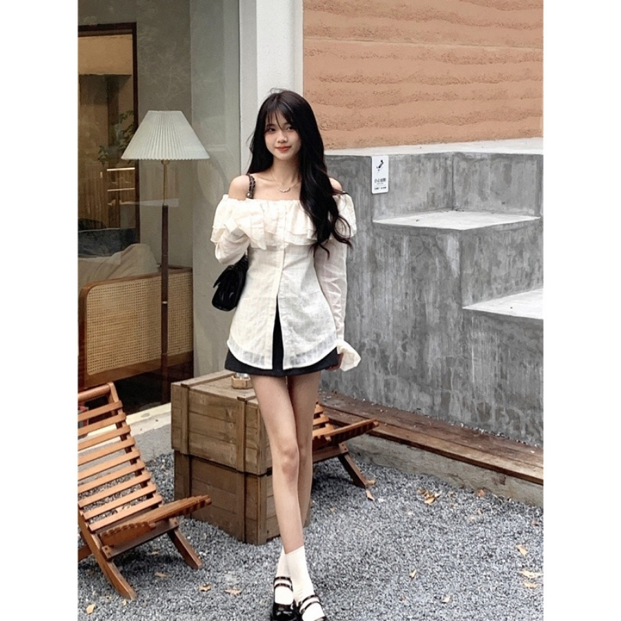 Áo trễ vai tay dài bẹt kiểu ôm bồng xẻ tà chất voan xốp trắng xinh VANISA CT047 | BigBuy360 - bigbuy360.vn