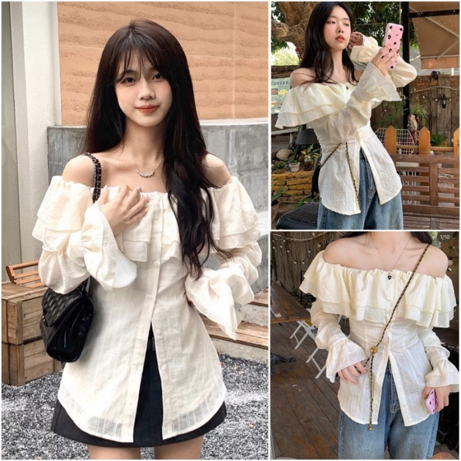 Áo trễ vai tay dài bẹt kiểu ôm bồng xẻ tà chất voan xốp trắng xinh VANISA CT047 | BigBuy360 - bigbuy360.vn