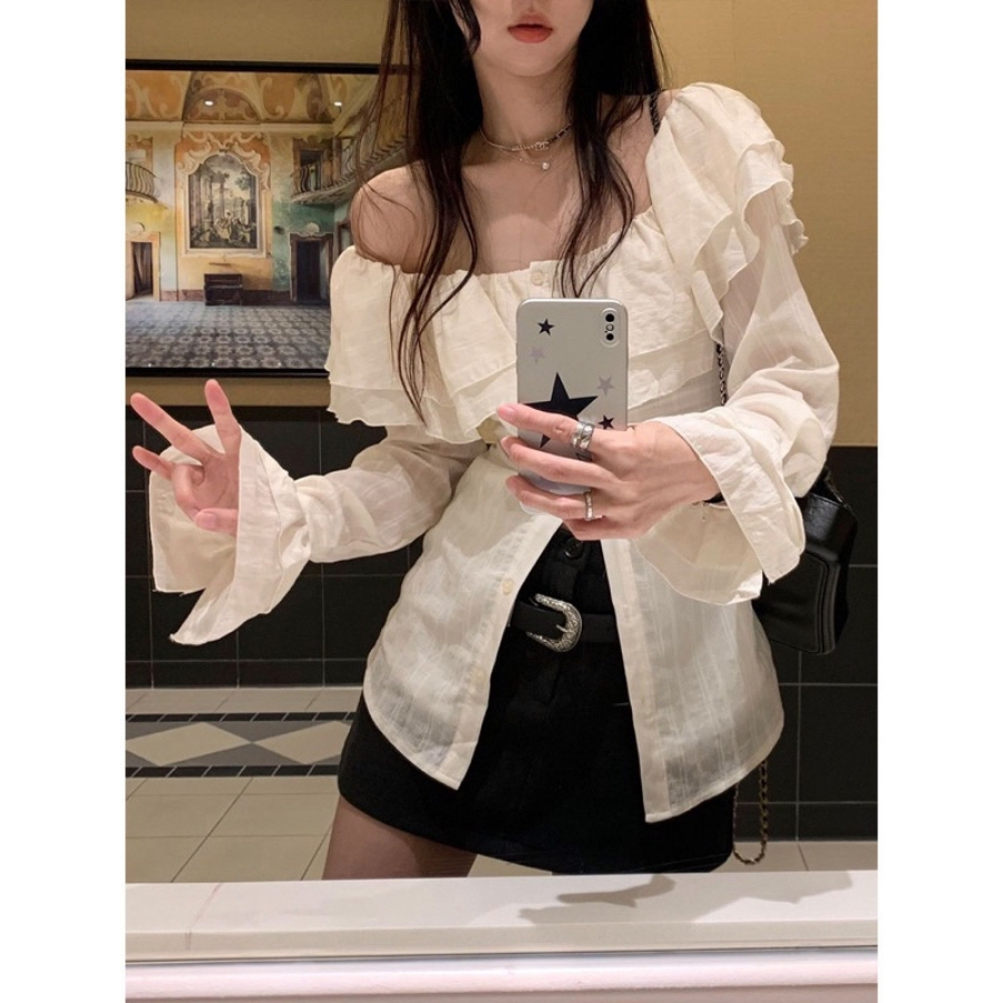 Áo trễ vai tay dài bẹt kiểu ôm bồng xẻ tà chất voan xốp trắng xinh VANISA CT047 | BigBuy360 - bigbuy360.vn