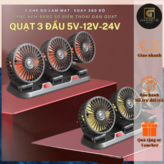Quạt ô tô 3 đầu 2 chế độ làm mát xoay 360 gió mạnh kèm biển để số điện thoại dành cho xe hơi, quạt 5v/12v/24v