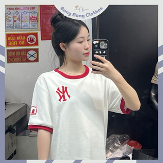 Áo phông mlb ny logo thêu xù cao cấp chất liệu cotton co giãn 4 chiều hottrend 2024 - áo thun mlb ny logo thêu xù