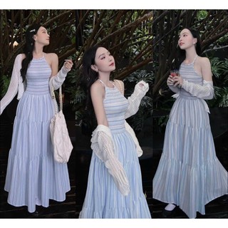 Đầm yếm max kẻ sọc phối tầng kèm khoác cardigan thun gân phối màu cực dễ thương phong cách tiểu thư màu xanh , hồng