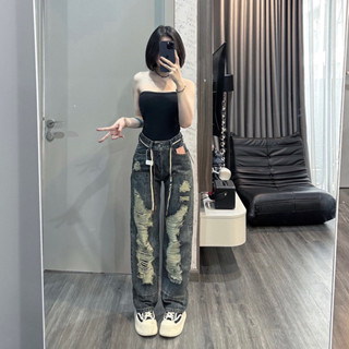 Quần ống rộng nữ TBA1500 cạp cao chất jean đứng form tôn dáng thiết kế rách cá tính style đường phố 1500