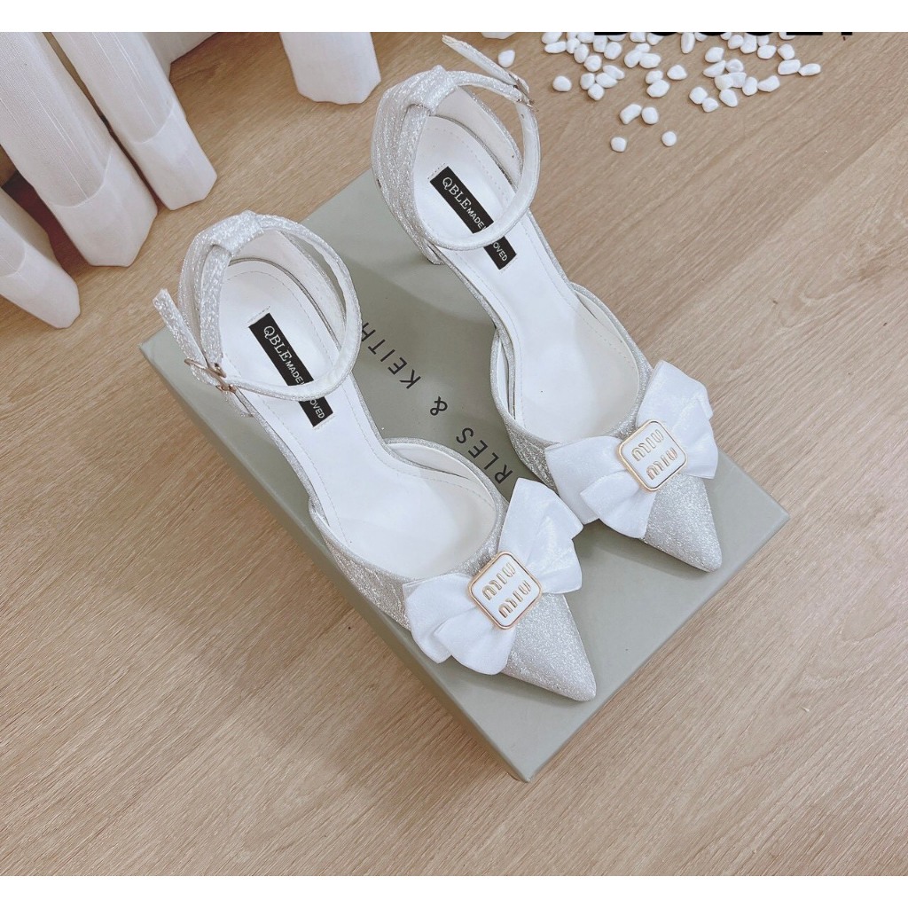 Giày Cao Gót hậu bít kim tuyến đính nơ von 2 lớp gót nhọn 8p| GiayXinhXinh.Store