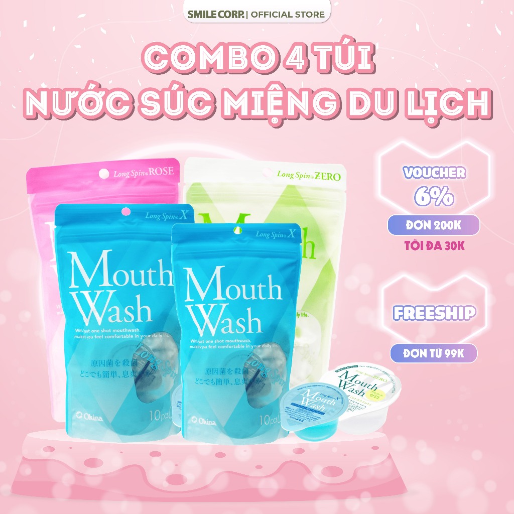 Combo 4 Túi Nước súc miệng bỏ túi du lịch chăm sóc toàn diện Okina Long Spin Nhật Bản - 4 túi x 10 hũ x 14ml