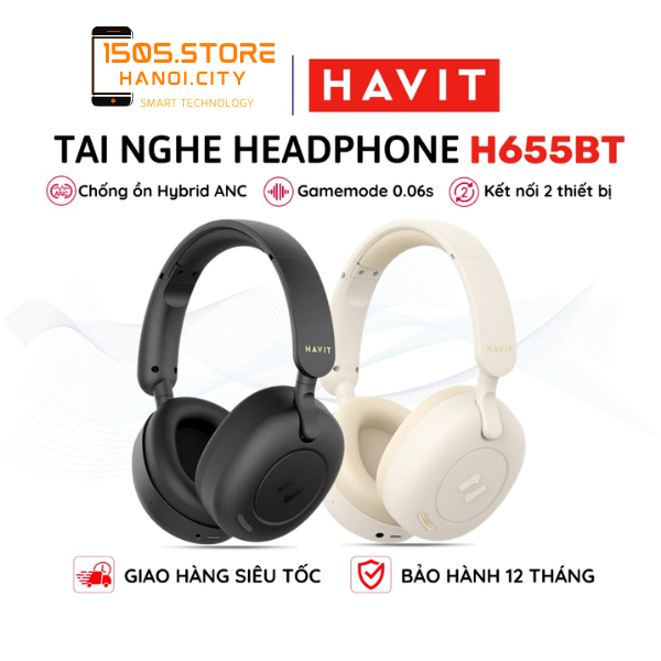 Tai Nghe Headphone Bluetooth HAVIT H655BT, BT 5.3, Chống Ồn Chủ Động ANC, Gamemode 0.06s, Nghe Đến 65H - Hàng Chính Hãng