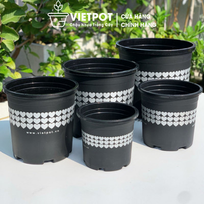 Chậu nhựa trồng cây VIETPOT, màu đen hoa văn tim, trồng kiểng lá, để nhà, sân vườn, ban công.