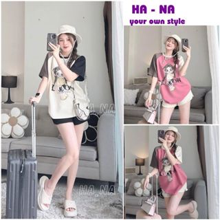 Bộ Áo Thun quần short Nữ - Set áo cộc tay in hình cô gái phối màu tay kèm quần đùi mặc thoải mái - HANASHOP BNN07