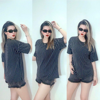 Áo thun cánh dơi form rộng, thun cotton đen sọc trắng