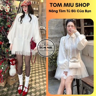 Đầm sơ mi babydoll trắng kiểu phối lưới tay dài TOMMIU SHOP