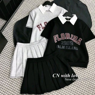 Set áo thun nữ cổ sơ mi chữ ngực floria kèm chân váy xếp ly QUANAOPHUKIEN-Set đồ nữ chất cotton dày siêu mịn mát freeisz