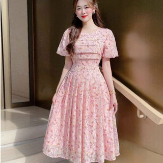 ĐẦM VOAN HOA 2 LỚP CỔ VUÔNG XẾP LY XINH XẮN DỊU DÀNG
