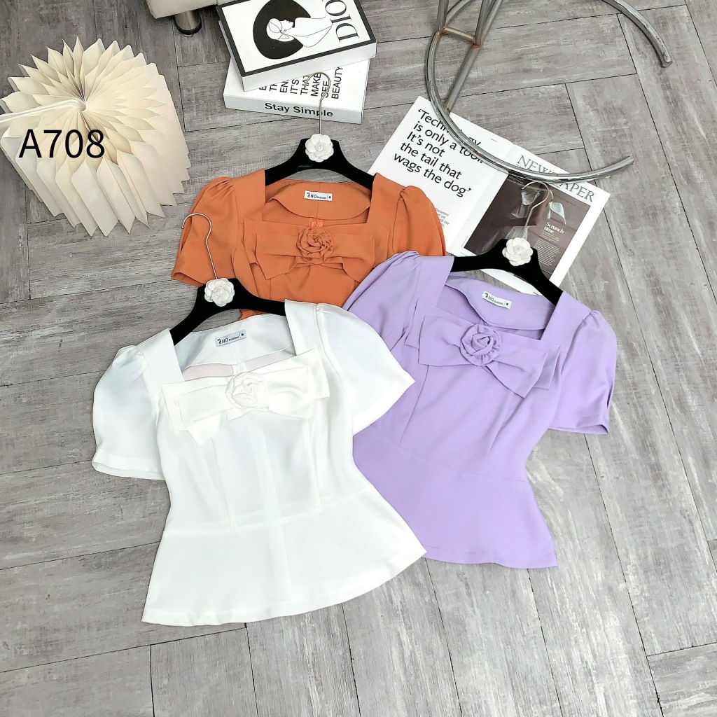 Áo sơ mi nữ CÚC FASHION somi ngắn cao cấp phối cổ vuông thời trang công sở áo peplum cổ nơ A708