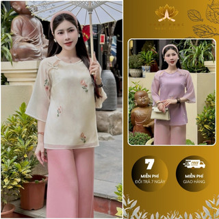 Bộ lam đi chùa, pháp phục đi chùa, bộ đi lễ chùa tơ cổ tết vai nơ pháp phục ngọc diệp