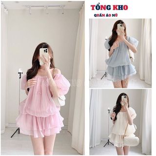 Set Váy Trễ Vai Đính Nơ Tay Phồng Dáng Bí Xoè, Set Váy babydoll Hở Vai Tùng Bí Tiểu Thư - TONGKHO