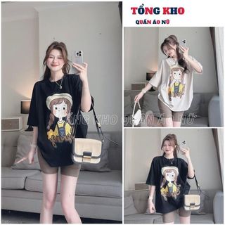 Set bộ thun lửng ngố, Áo thun from rộng in cô gái đội mũ mix quần ôm lửng đi chơi in hình dễ thương - TONGKHO