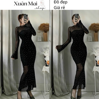  Đầm ôm body nữ lưới đính đá tay dài form dài loe đuôi cá kèm ống sexy xuyên thấu màu đen đi chơi đi tiệc xuanmaishop12 