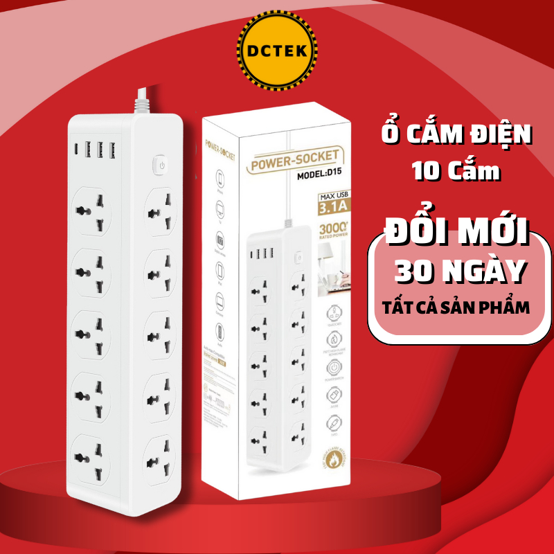 Ổ Cắm Điện D15 DCTEK 10 Cắm 3USB 1TypeC Chịu Tải 3000W An Toàn Chống Cháy Chống Giật, Dây Dài 3m-5m