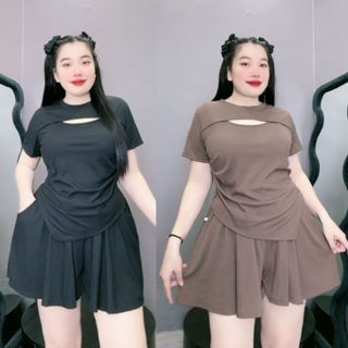 Set bộ đồ bigsize nữ áo tay ngắn khoét ngực vạt nhọn dây rút quần xòe lưng cao vải thun gân mát thấm hút mồ hôi SET817