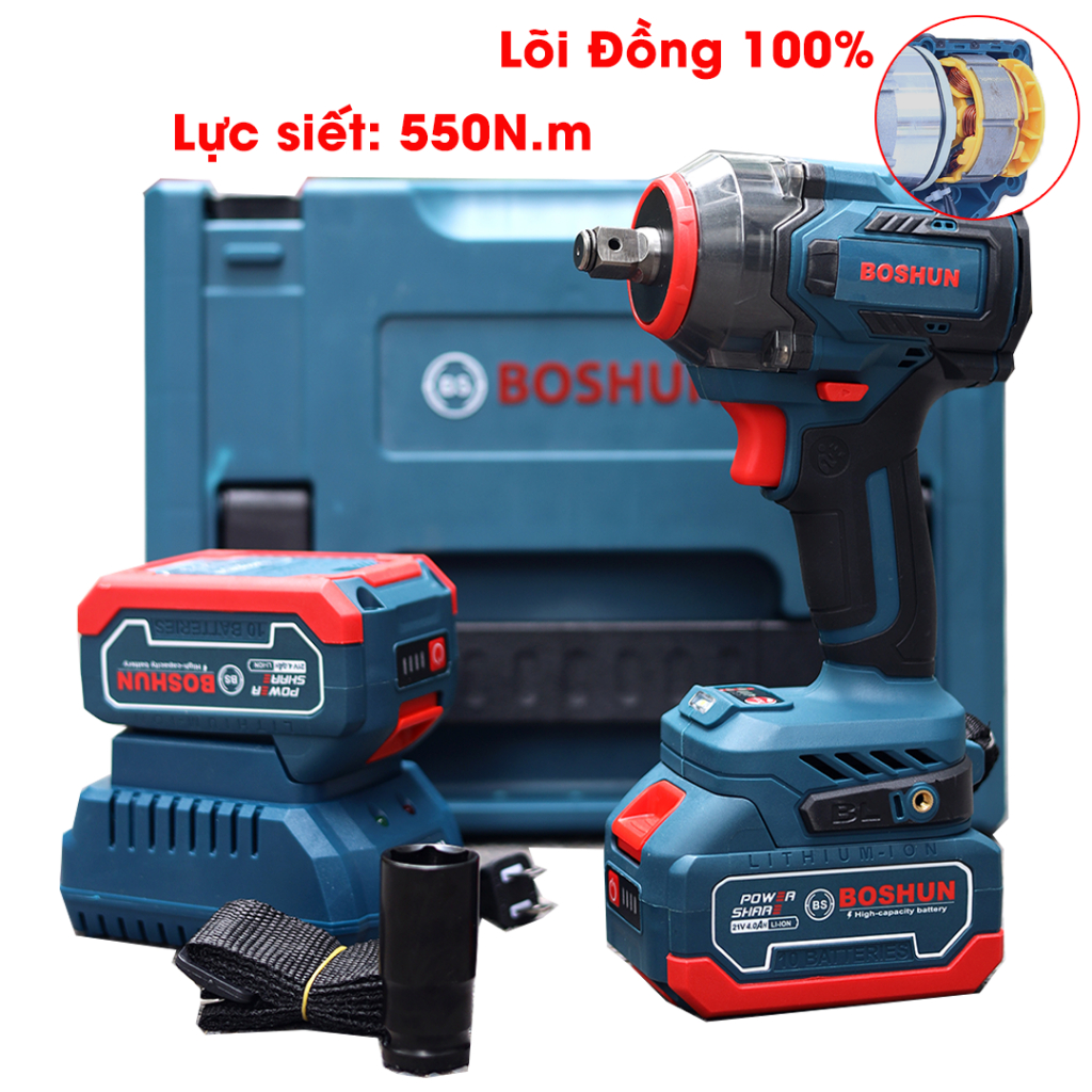 Máy Siết Bulong Boshun, Lực Siết 550N - Không Chổi Than, Pin Phổ Thông - Mở Ốc Ôtô Tải Dễ Dàng Bs-Iw550n