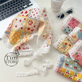 Khăn bandana turban  hoạ tiết quilt gấu dâu thú vintage  retro cute dễ thương TÍM STORE