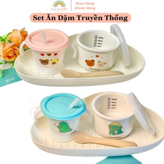 Set 4 món bộ bát ăn dặm truyền thống cho bé 5 tháng gồm cốc tập hút, thố sứ chia vạch, khay mây và thìa