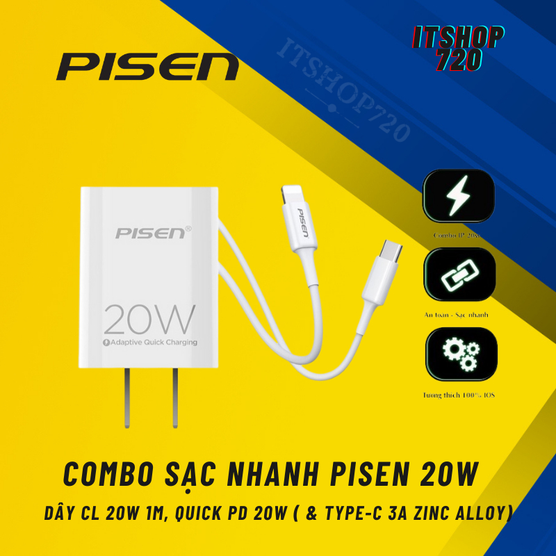 [ PISEN 20W ] Combo Sạc + Cáp PISEN Quick PD 20W ( & Type-C 3A ZINC Alloy)  -Có bán lẻ củ và lẻ dây