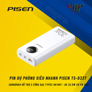 Sạc dự phòng siêu nhanh Pisen TS-D337 20000mAh hỗ trợ 2 cổng sạc typec in/out - QC 22.5W và PD 30W