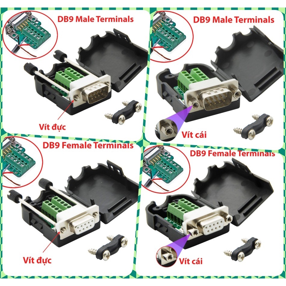 (HD-LINK) Đầu nối DB9 cổng COM Chân Đực, Cái (Male, Female) vặn vít, mạ vàng