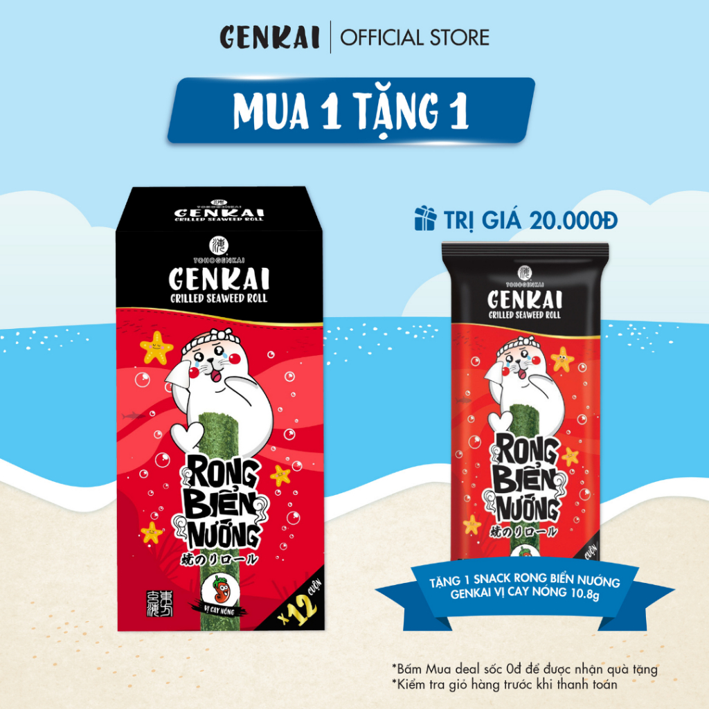 [MUA 1 TẶNG 1] Snack Tảo Biển Nướng Cuộn GENKAI Vị Cay Nóng 43.2g (3.6g x 12gói)