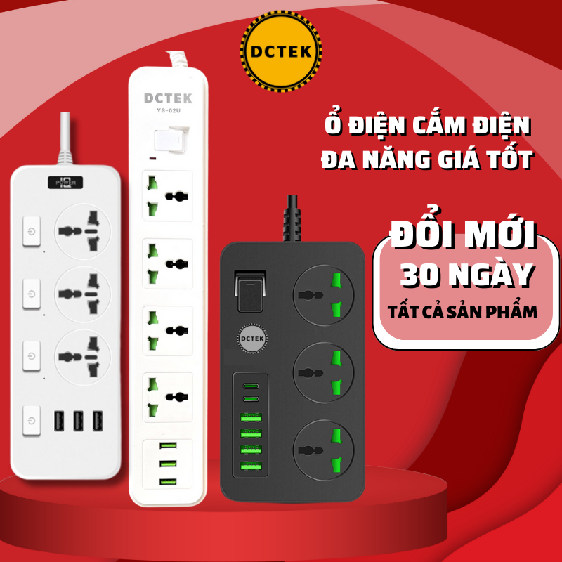 Ổ cắm điện đa năng DCTEK kết hợp cổng USB cổng Type C, chịu tải 3000W nhựa PC chống cháy dây dài 2m