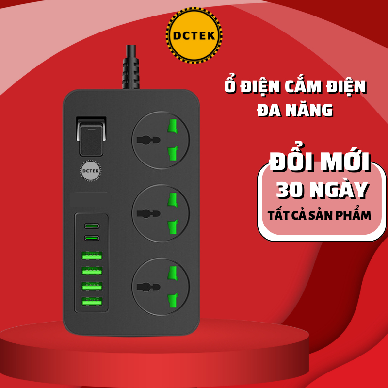 Ổ cắm điện DCTEK T09 4 cổng USB, 2 Type C chịu tải 3000W an toàn, chịu nhiệt, dây nối dài 3m
