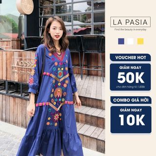 Váy Suông Thêu Họa Tiết Bohemian Dáng Dài Cổ Tim LP18 Phong Cách Dáng Xoè Boho Quảng Châu Thời Trang Du Lịch