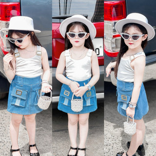 Sét chân váy jeans túi hộp + áo 2 dây đan chéo cho bé gái