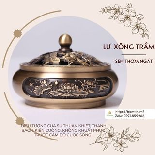 LƯ HƯƠNG ĐỐT TRẦM đế bệt họa tiết hoa sen, chất liệu đồng thau dùng để đốt trầm nụ, trầm tăm, trầm miếng, trầm bột