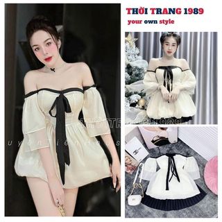Set áo trễ vai babydoll voan tơ 2 lớp cúp ngực thắt nơ đen kèm chân váy xòe xếp ly dáng ngắn hàn quốc ulzzang - 1989