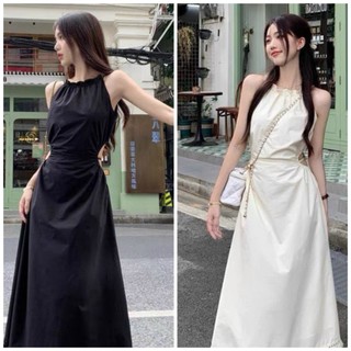 Váy đầm nữ dáng dài cổ yếm khoét lưng cột dây eo phong cách thanh lịch và trẻ trung