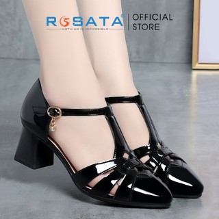Giày búp bê nữ cao gót 5 phân đế vuông màu đen ROSATA RO630 da bóng êm chân