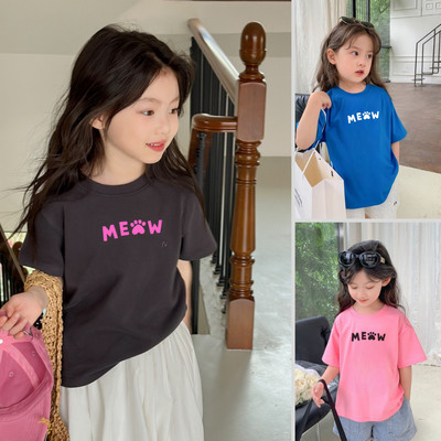 Áo thun bé gái in chữ Meow  cho bé từ 15-42kg - Áo phông trẻ em Loza Kids- Mã AT2601