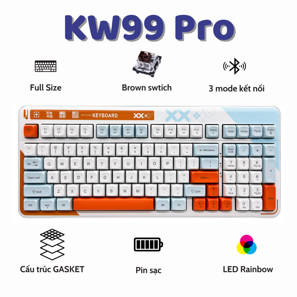 Bàn phím cơ không dây bluetooth ATAS KW99 Pro 3 Mode kết nối Pin sạc - Red swtich - Có Hot-swap - Led Rainbow | BigBuy360 - bigbuy360.vn